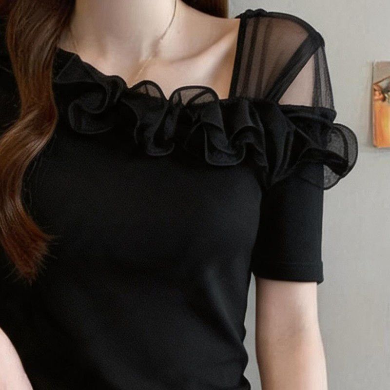 Plus-size designer ruffle one-shoulder short-sleeve t-shirt for women, summer 2026 new model, unique, beautiful, and super stylish top