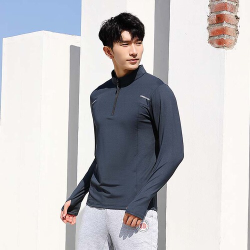 Spring and autumn men's outdoor sports mountaineering hiking stand-up collar half-zip quick-drying breathable moisture-absorbing high-elastic long-sleeved T-shirt A