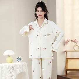 跨境甜美绉布爆款批发睡衣女士春秋季开衫长袖翻领印花家居服套装