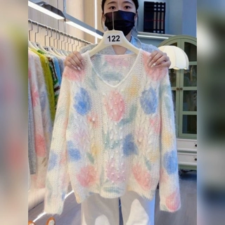 温柔风软糯钉珠宽松马海毛针织衫水彩粉色郁金香印花V领麻花毛衣