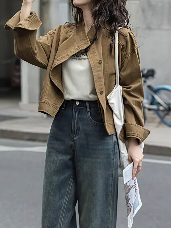 时尚百搭牛仔短外套女2025年秋季新款设计感宽松立领工装夹克上衣|undefined
