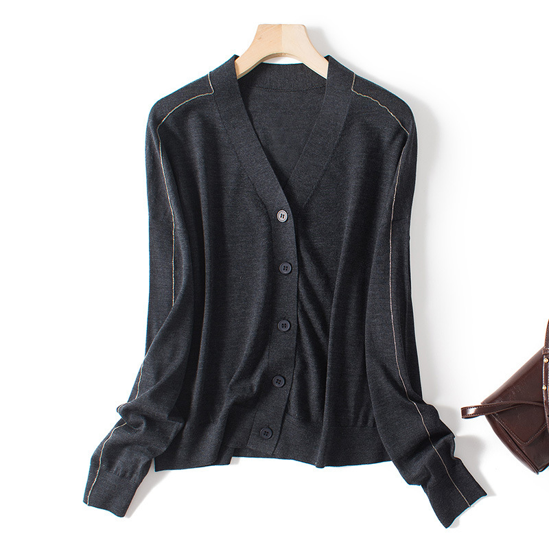 Literary and Elegant Spring & Fall Thin Loose Chao Fine Merino Wool Beaded Long-Sleeved Sweater Cardigan 010