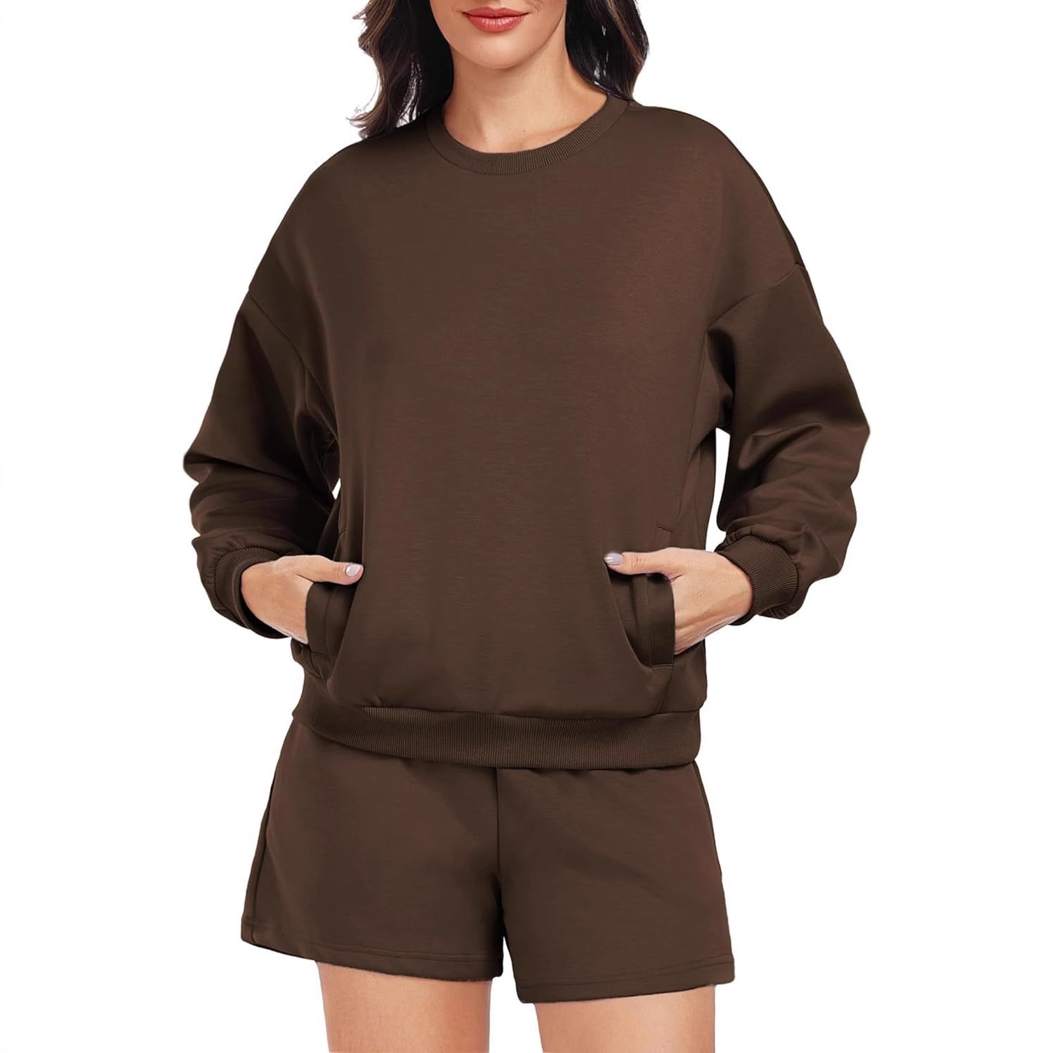 New 2025 Amazon Cross-Border Hot Style Women's 2-Piece Sportswear Casual Long-Sleeved Pullover and Shorts