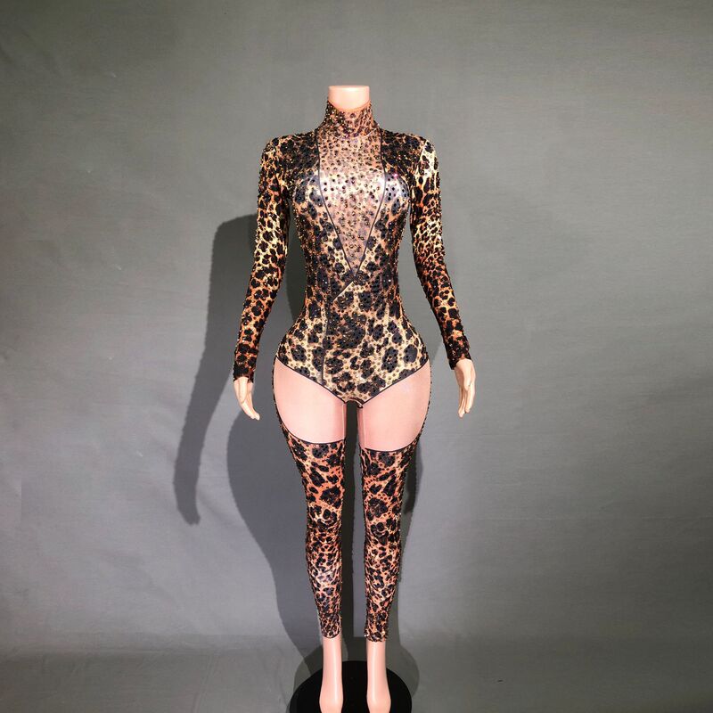 Leopard print women jazz dance wear gogo dancers dance dress skin color splicing fashion print jumpsuit dance nightclub tight rhinestones