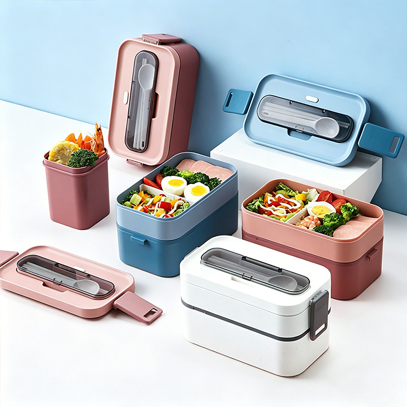 Lunchbox Japanese-Style Bento Box Microwaveable Lunch Box Portable Cutlery for Students and Office Workers Double-Layer Compartment Lunch Box