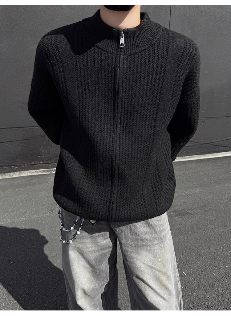 Men's Stand Collar Knit Cardigan Oversized Pullover Sweater_voghion.com