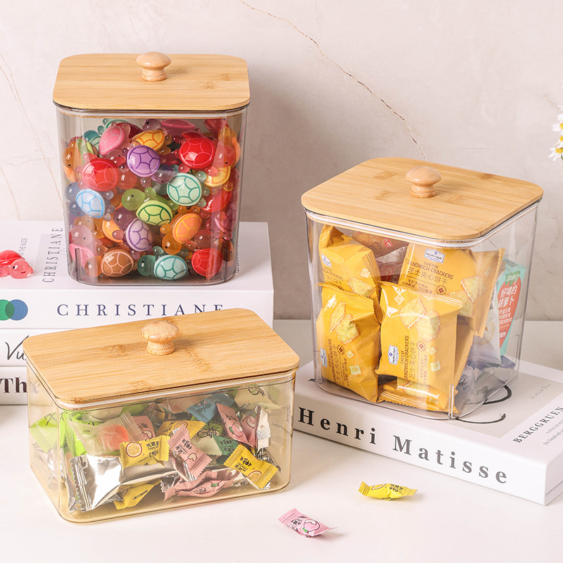 透明桌面防尘收纳盒零食杂物带竹盖收纳筐家用客厅文具玩具收纳盒