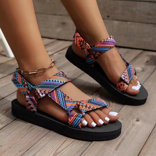 2025 Summer Thick Heel Fabric Ethnic Women's Shoes Fish Mouth Colorful Patch Magic Tape Beach Sandals Plus Size