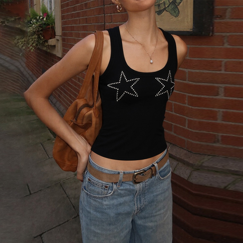 Women's Clothing Women's Slim Fit Solid Color Rhinestone Vest Versatile Top Style Fashionable Hot Girl Winter_ecoleips.com