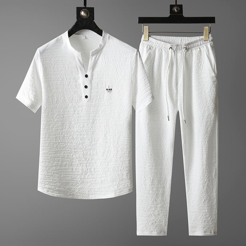 2025 New Style Thin Casual Sports suit Men's Summer Chinese Style High-end V-neck Embroidery Slim-fit Short-sleeved Two-piece Set 2025 New Style Thin Casual Sports suit Men's Summer Chinese Style High-end V-neck Embroidery Slim-fit Short-sleeved Two-piece Set