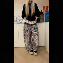 时尚3D印花豹纹双腰头牛仔裤新款宽松潮流百搭直筒阔腿拖地长裤女