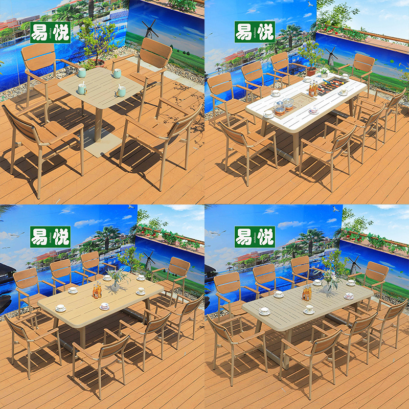 Combinación de mesa y silla de madera de plástico para balcón al aire libre, combinación de mesa y silla de aleación de aluminio para jardín de solárium moderno y simple