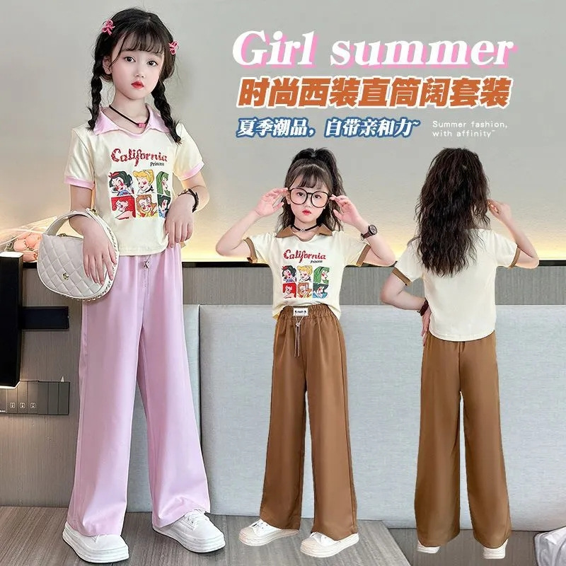 Traje de pantalones anchos casuales de verano para niñas 2023 nueva ropa de estilo occidental de moda traje de dos piezas de manga corta de verano