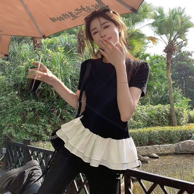 Summer New Large Size Pure Cotton Niche Fluffy Lace Splicing Short-Sleeved T-Shirt Slim Top M-4Xl 100kg