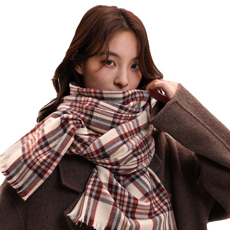 Korean version 2024 new women's autumn and winter warm shawl red checkered high-end atmosphere knitted thick scarf_voghion.com