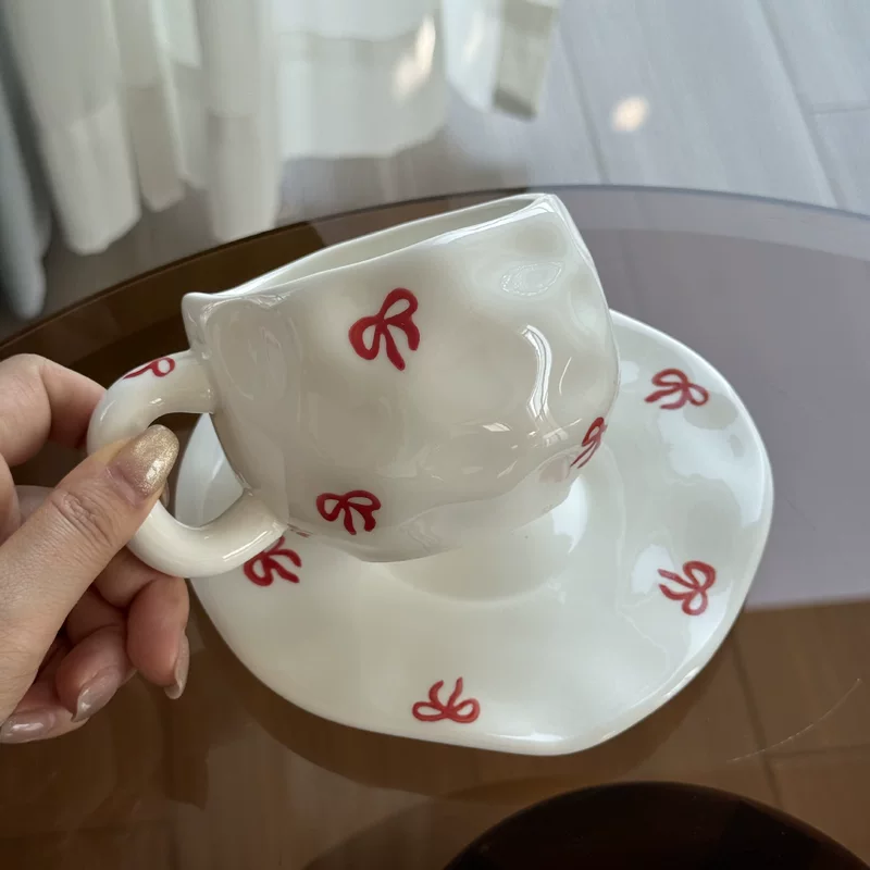 Керамический кофейный набор с блюдцем, корейский стиль, чашка с ручной росписью, бант в виде сердца, для завтрака, цветная подглазурная чашка, послеобеденный чай