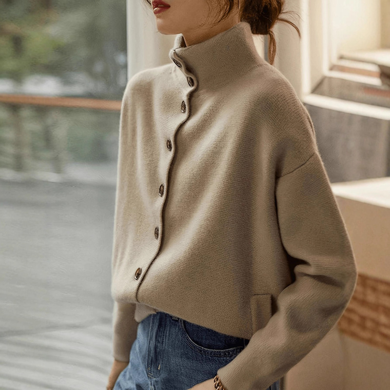 Cross-Border European and American Autumn and Winter Women's Versatile Solid Color Casual Single-Breasted Stand-Up Collar Long-Sleeved Knitted Cardigan for Women, Elegant and Simple