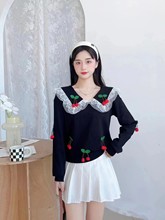 韩版可爱立体樱桃娃娃领蕾丝边长袖2025春季新款时尚感毛衣上衣女