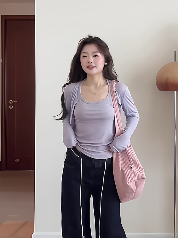韩系纯欲辣妹紫色开衫长袖t恤女早秋季学院风叠穿吊带背心两件套|undefined