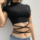 Solid color short navel cross strap short-sleeved T-shirt women's summer versatile tight slimming high waist vest top
