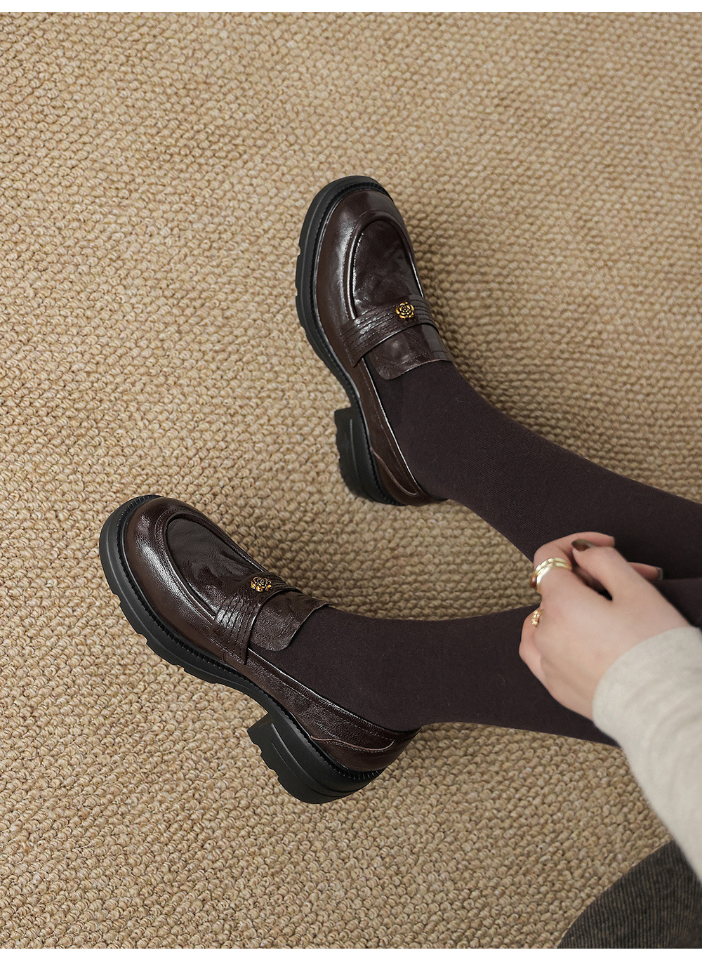 Giày loafer nữ mũi tròn gót vuông dày đế cao 6 cm da cừu — màu nâu chi tiết 16