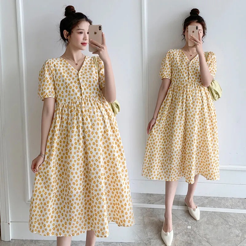 Maternity Summer Loose Slimming Mid-length dress Fashionable Elegant V-neck Floral Outgoing Summer Breastfeeding Clothes