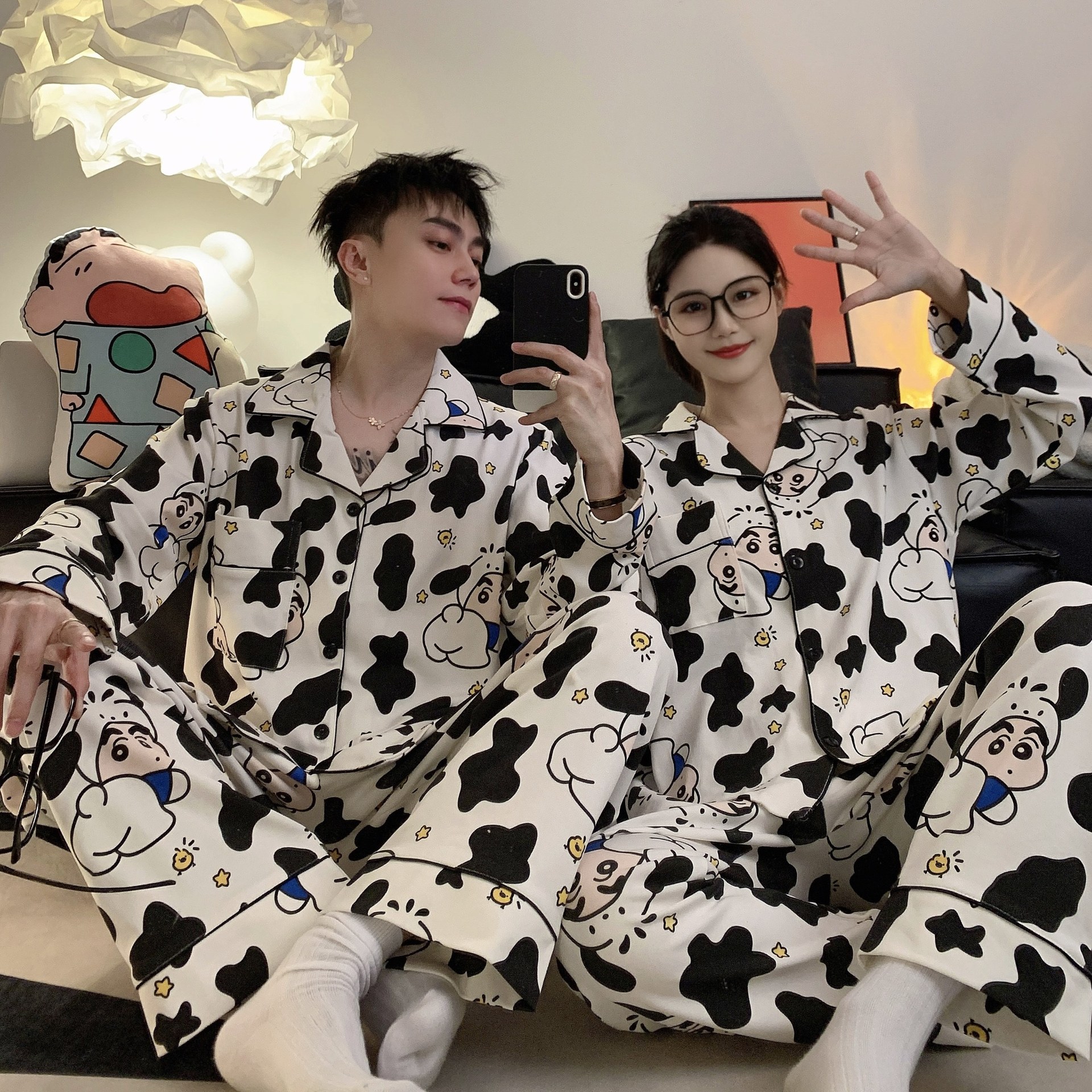 Autumn New Crayon Shin-Chan Pajamas Couple Casual Loose Long-Sleeved Large Size Men's Wearable Home Clothes Set