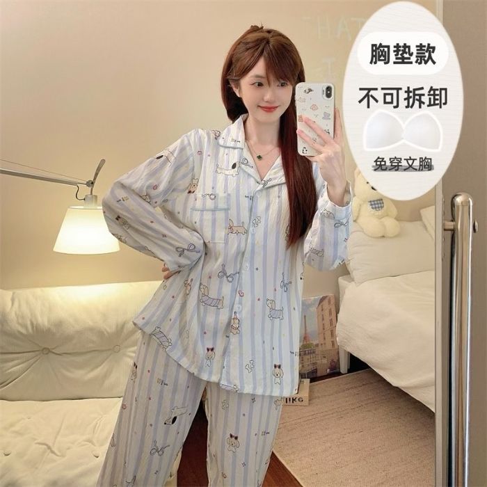 Al por mayor transfronterizo otoño nuevo pijama de nube de algodón con collar cardigan con cojín de pecho manga larga dulce conjunto de ropa de hogar
