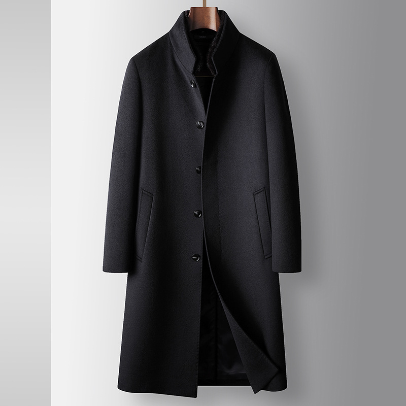 男式桑蚕丝毛呢大衣秋冬过膝长款貂毛立领脱卸白鹅绒内胆商务外套