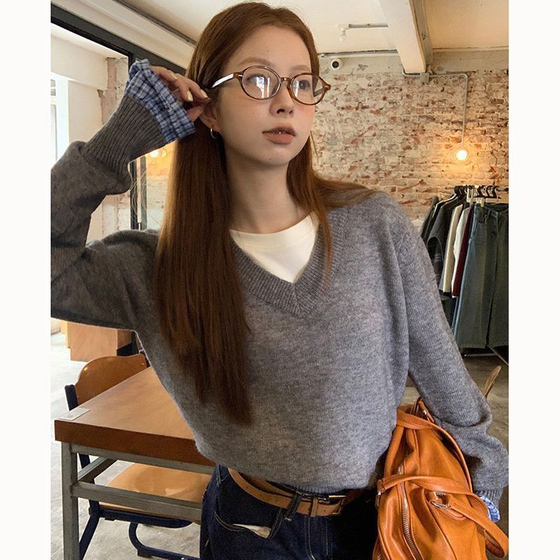 学院风袖口拼接假两件针织衫女秋冬季设计感小众宽松休闲长袖毛衣|undefined