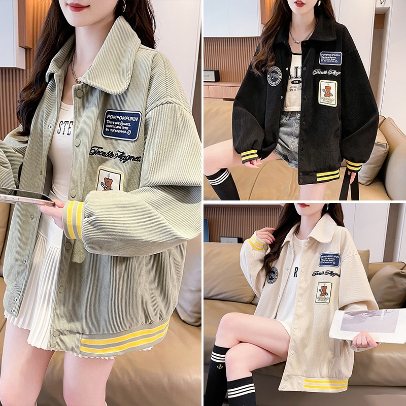 Corduroy cardigan for women, spring and autumn, suitable for junior and senior high school students, casual, loose, versatile, stylish, plus size, baseball jacket, couple style.