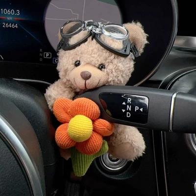 Car Fender Decorative Ornaments, Car Supplies, Cute Bear Dolls, Turn Signals, Wiper Pendants, Car Interior Accessories (Car ornaments) - little-brown-bear-with-flower-glasses-car-gear-lever-decoration