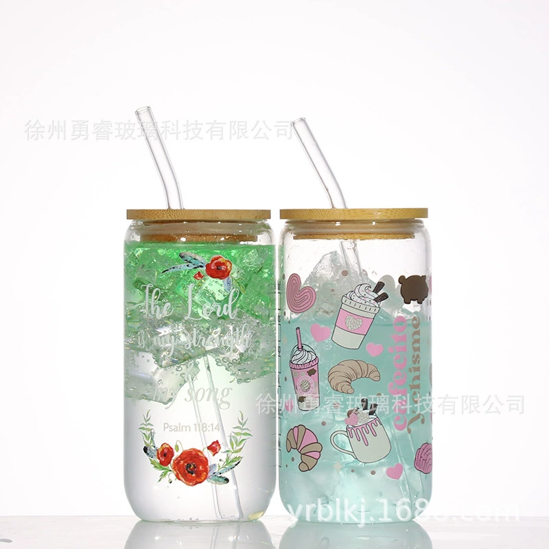 Glass Tumbler Set, 16 oz (500 ml), bamboo lid & straw, printed cola design