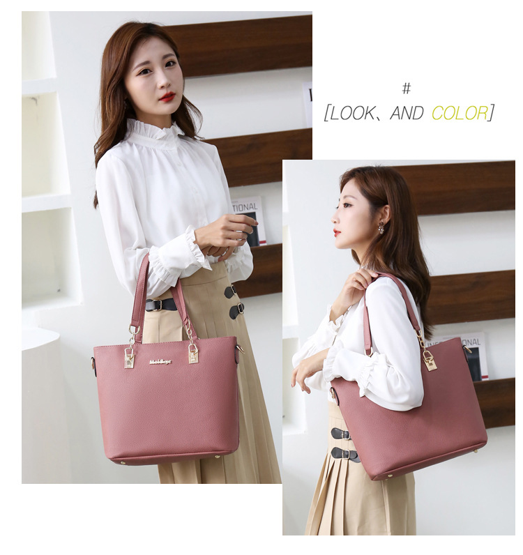 Pu Leather Material Women's Medium Pu Leather Solid Color Vintage Style Streetwear Bucket Zipper Bag Sets