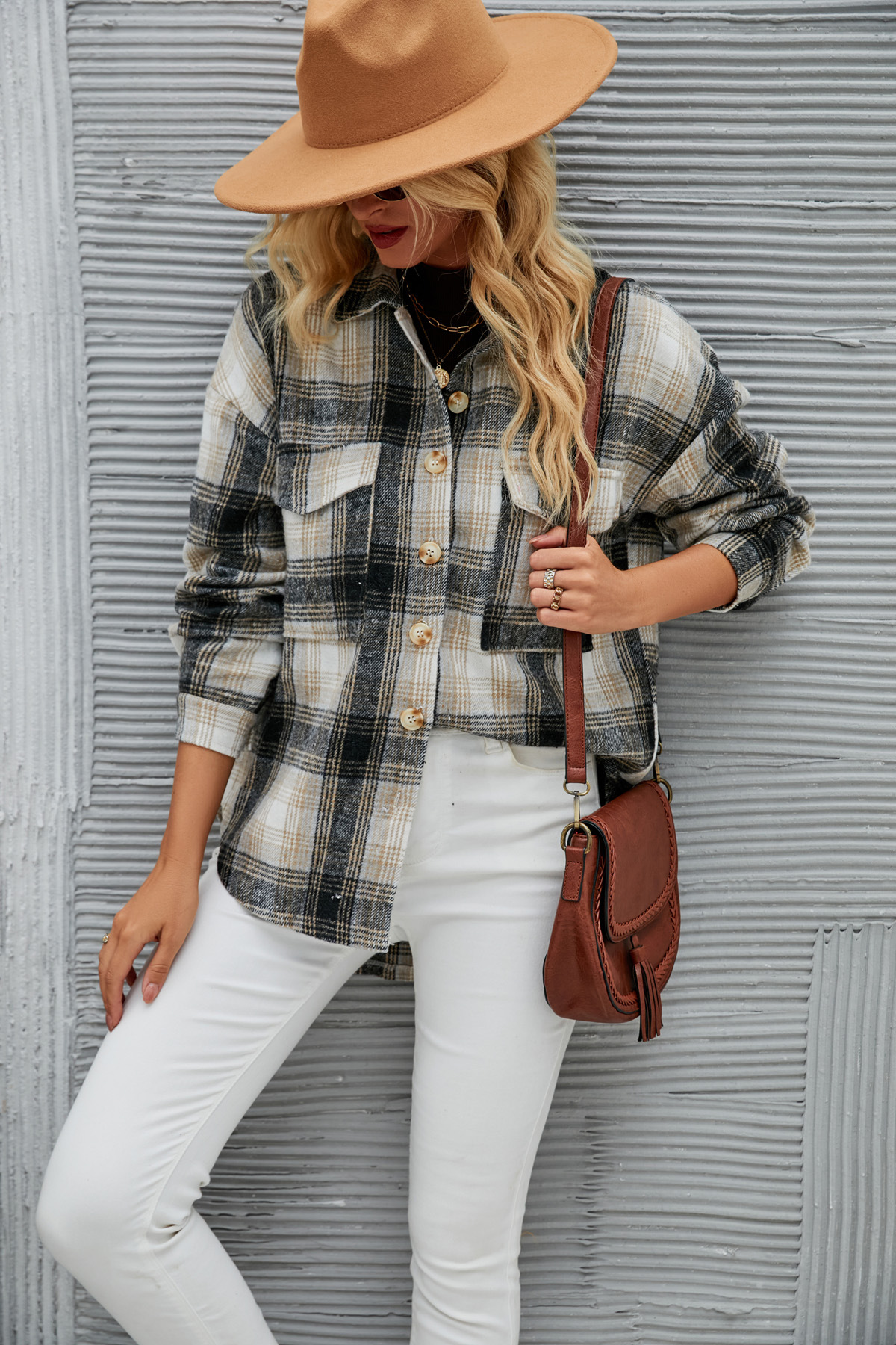 Womens Plaid Woolen Blouse Long Sleeve Loose Winter Jacket For Women_voghion.com