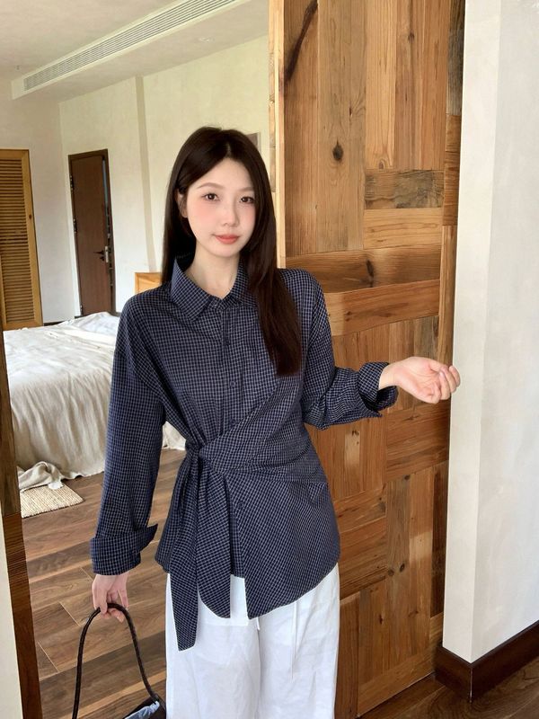 2025年大码女装秋季新款法式设计感绑带收腰不规则衬衫小众上衣|undefined