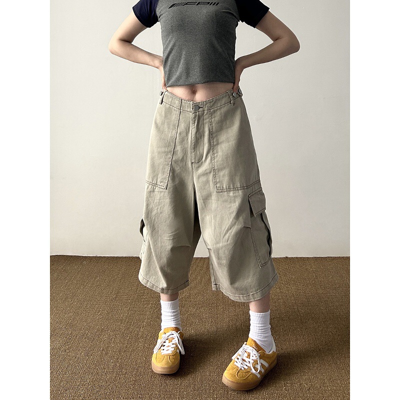 STUBBORN LIFE American Style Vintage Multi-Pocket Cropped Pants Men's and Women's Loose Wide-Leg Workwear Casual Shorts Trendy