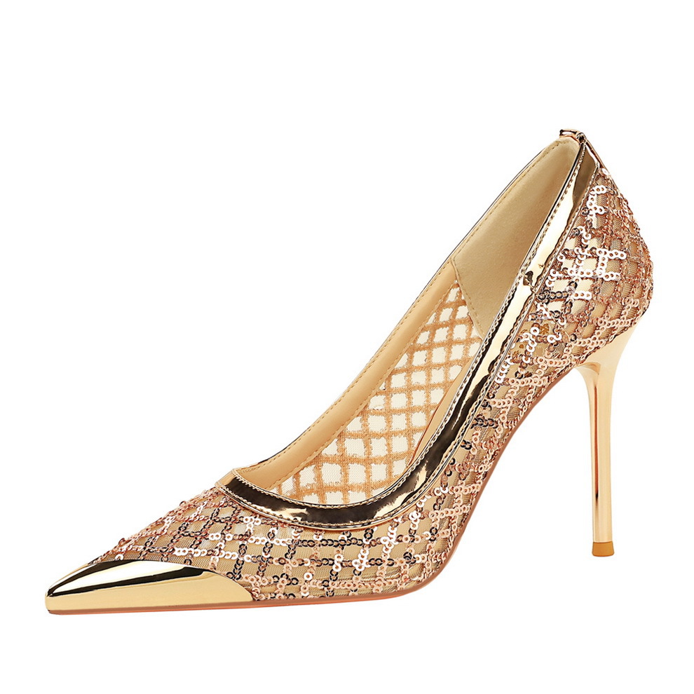 European Style Sexy Pointed Sequin Mesh Stiletto Pumps Shoes_voghion.com