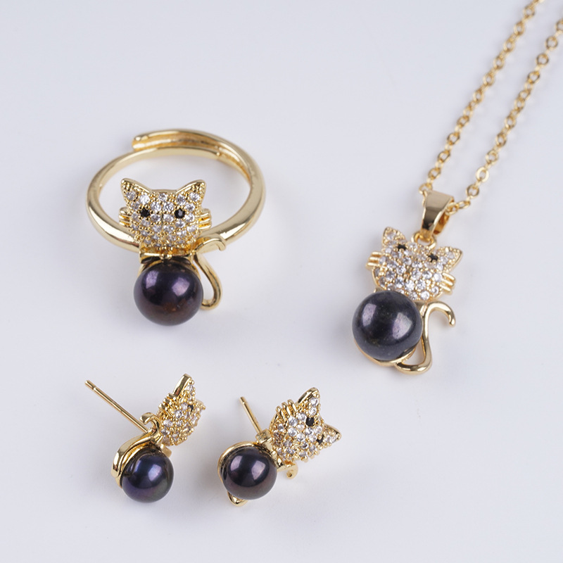 小众设计感淡水珍珠套装吊坠戒指耳钉三件套首饰项链