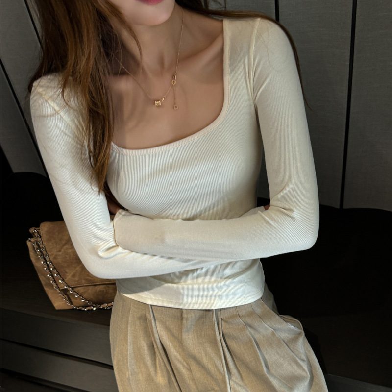 Modal Autumn and Winter Square Neck Long-Sleeved Right Shoulder T-Shirt for Women with Pure Color Simple Bottoming Shirt High-End Top