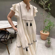 韩国chic夏日甜美荷叶袖套头纯色荷叶边流苏吊针拼接褶皱感连衣裙