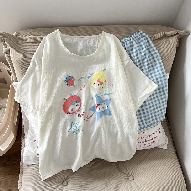 Women's Summer Short-Sleeve Pullover Pajamas with Chest Pads, Cute Korean-Style Home Wear Set, Cloud Cotton - Special Price, Two-Piece Set