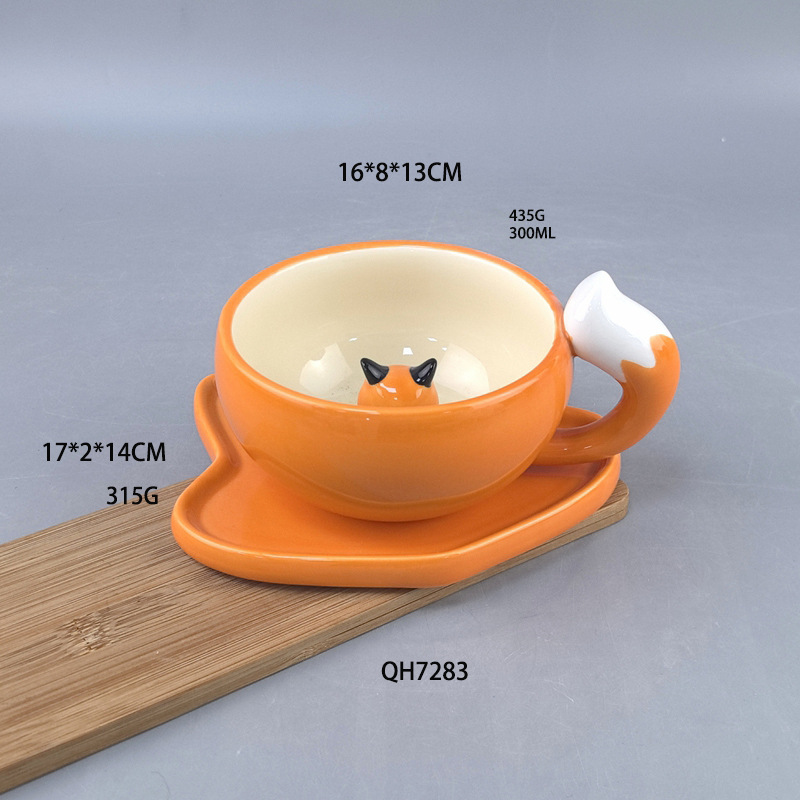 Juego de tazas y platos de zorro de hoja de arce del bosque de otoño, taza de cerámica linda, taza de café, taza de agua para novia