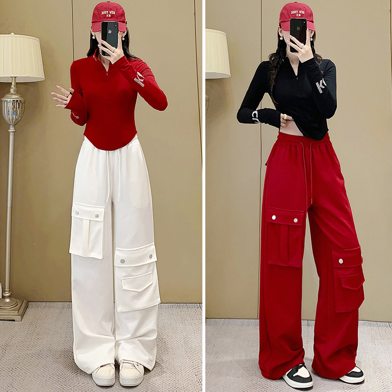 European Casual Sports Suit for Women 2025 New Fashion Style Hot Diamond Stand Collar T-Shirt Cargo Pants Two-Piece Set Winter