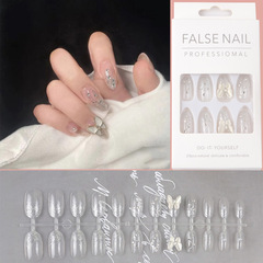 長款圓頭美甲透明折無痕點鑽蔥粉穿戴美甲合金蝴蝶鑽假指甲成品