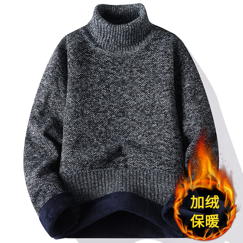 Men's Turtleneck Sweater with Thick Fleece Lining, Versatile Knitwear for Autumn and Winter, Casual Classic Base Layer