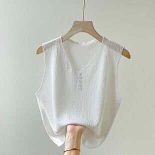 Summer Thin Ice Silk Camisole for Women, Stylish Loose Plus-Size Ribbed Button Sleeveless Top