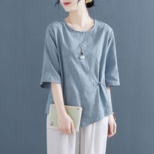亚麻上衣提花棉麻女短袖T恤夏款纯棉文艺复古宽松显瘦不规则衣服