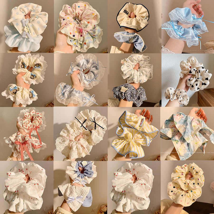 甜美大肠发圈女高级感缎面韩系百搭发绳温柔蕾丝波点发饰方巾头饰