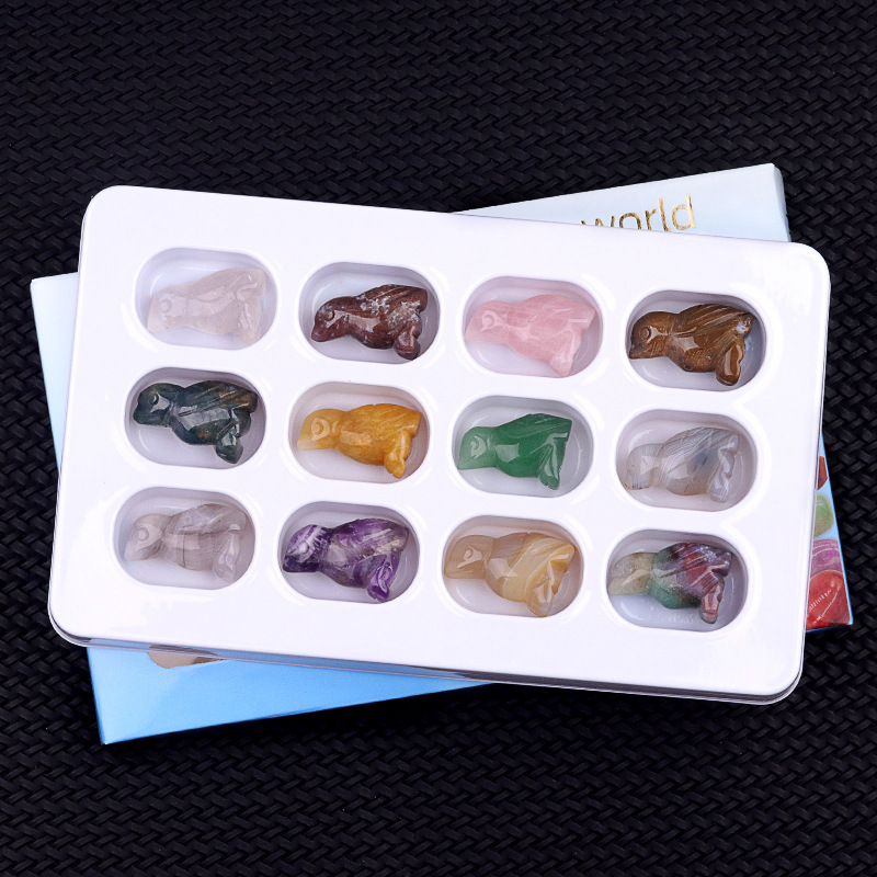 2203-12颗彩盒装1英寸雕刻水晶玛瑙玉石小鸟动物摆件工艺品批发